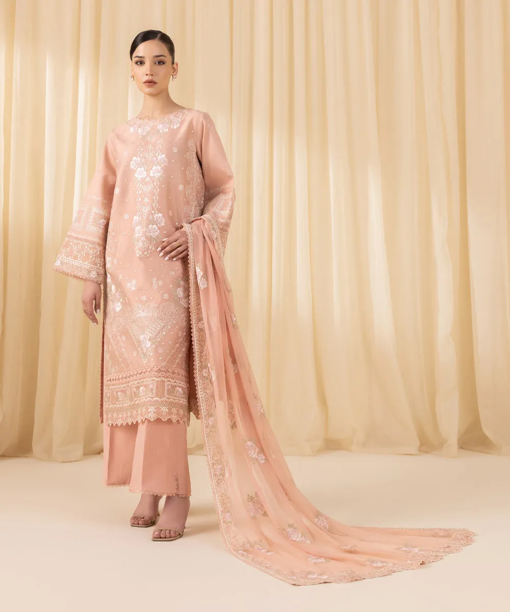 3 Piece -  Embroidered Cotton Net Suit