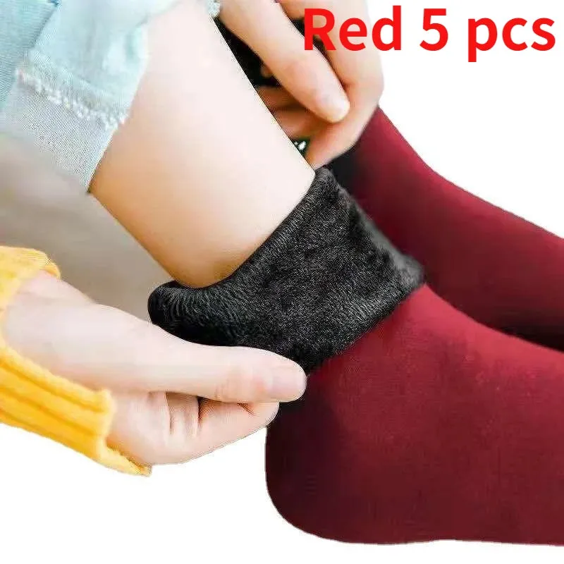 5Pairs/Lot Winter Warm Solid Women Socks Thicken Thermal Socks Wool Cashmere Black Skin Seamless Snow Sock Velvet Unisex Socks