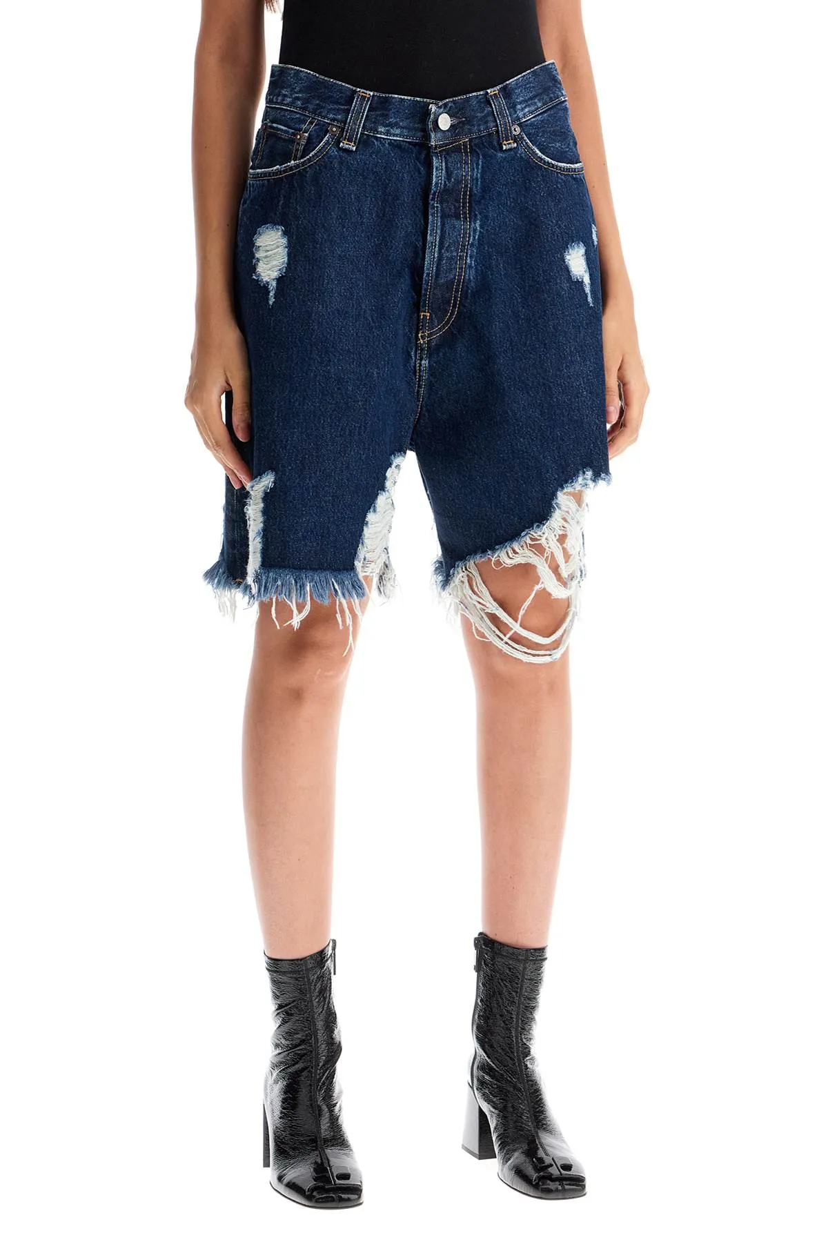 ACNE STUDIOS denim destroyed bermuda shorts for