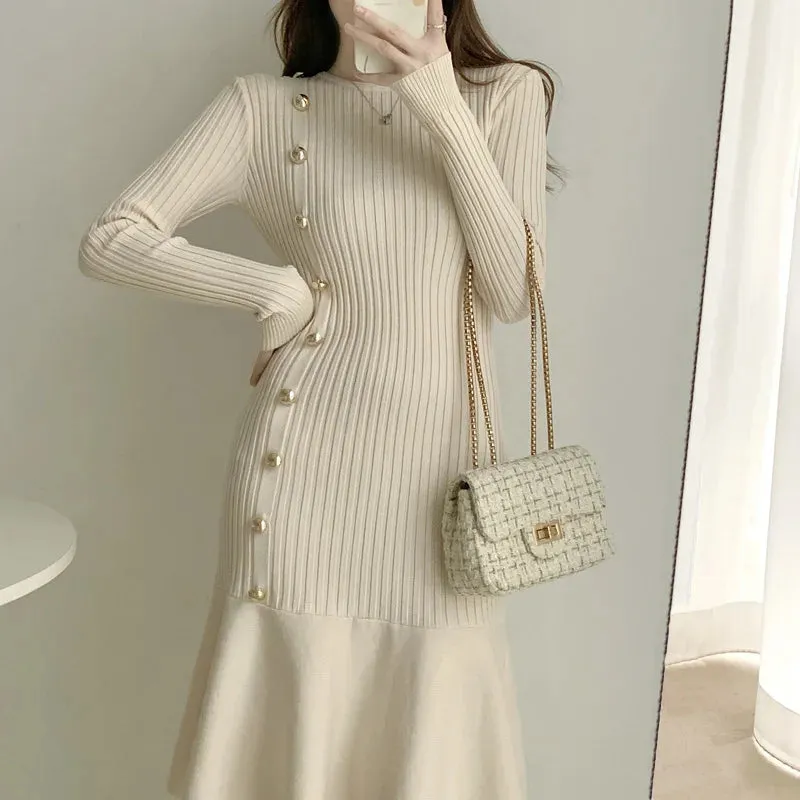 Autumn Warm Korean Fashion Woman Elegant Clothing Knitted Vintage Dresses Sweater Dress Femme Winter Vestido Feminino Thicken