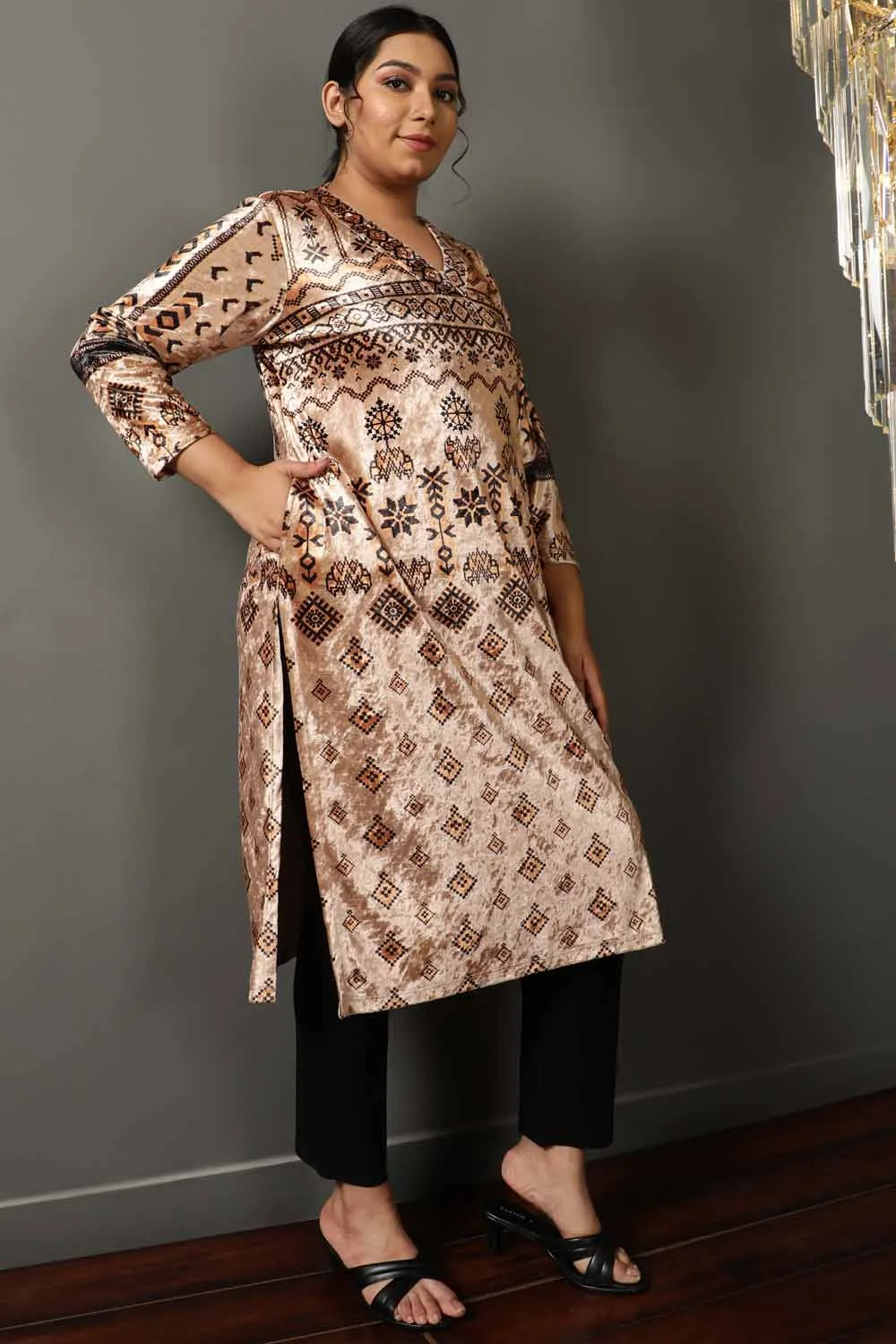 Beige Printed V Neck Velvet Kurta