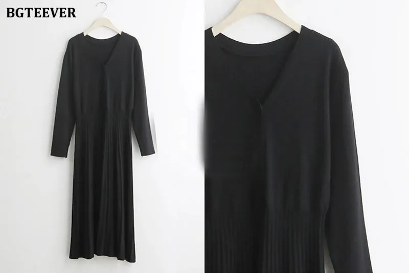BGTEEVER Elegant V-neck Single-breasted Women Thicken Sweater Dress 2021 Autumn Winter Knitted Belted Female A-line soft dresses