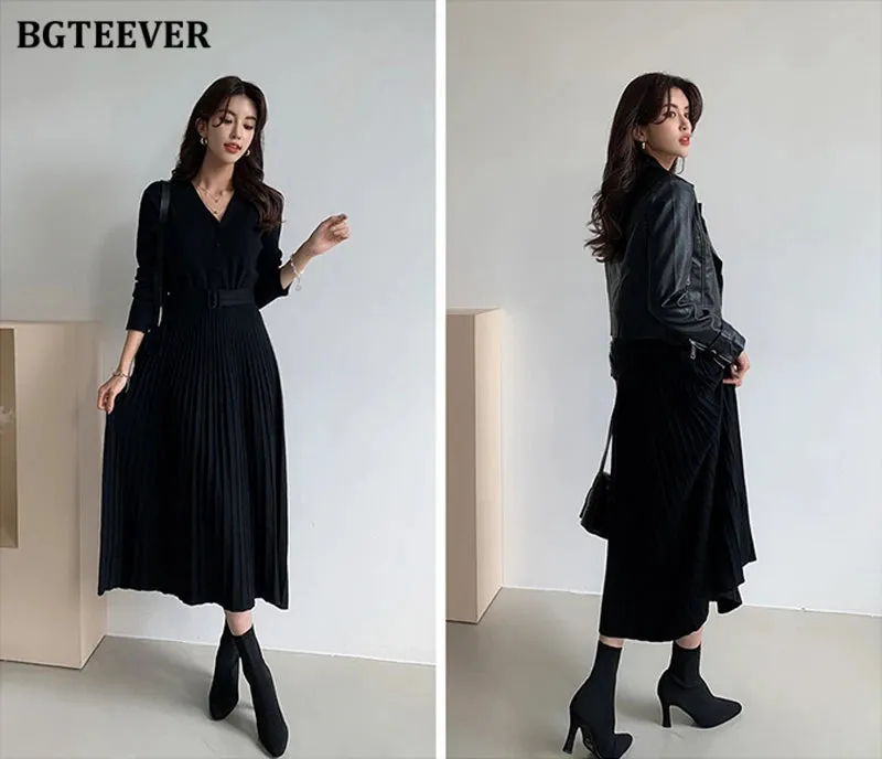 BGTEEVER Elegant V-neck Single-breasted Women Thicken Sweater Dress 2021 Autumn Winter Knitted Belted Female A-line soft dresses