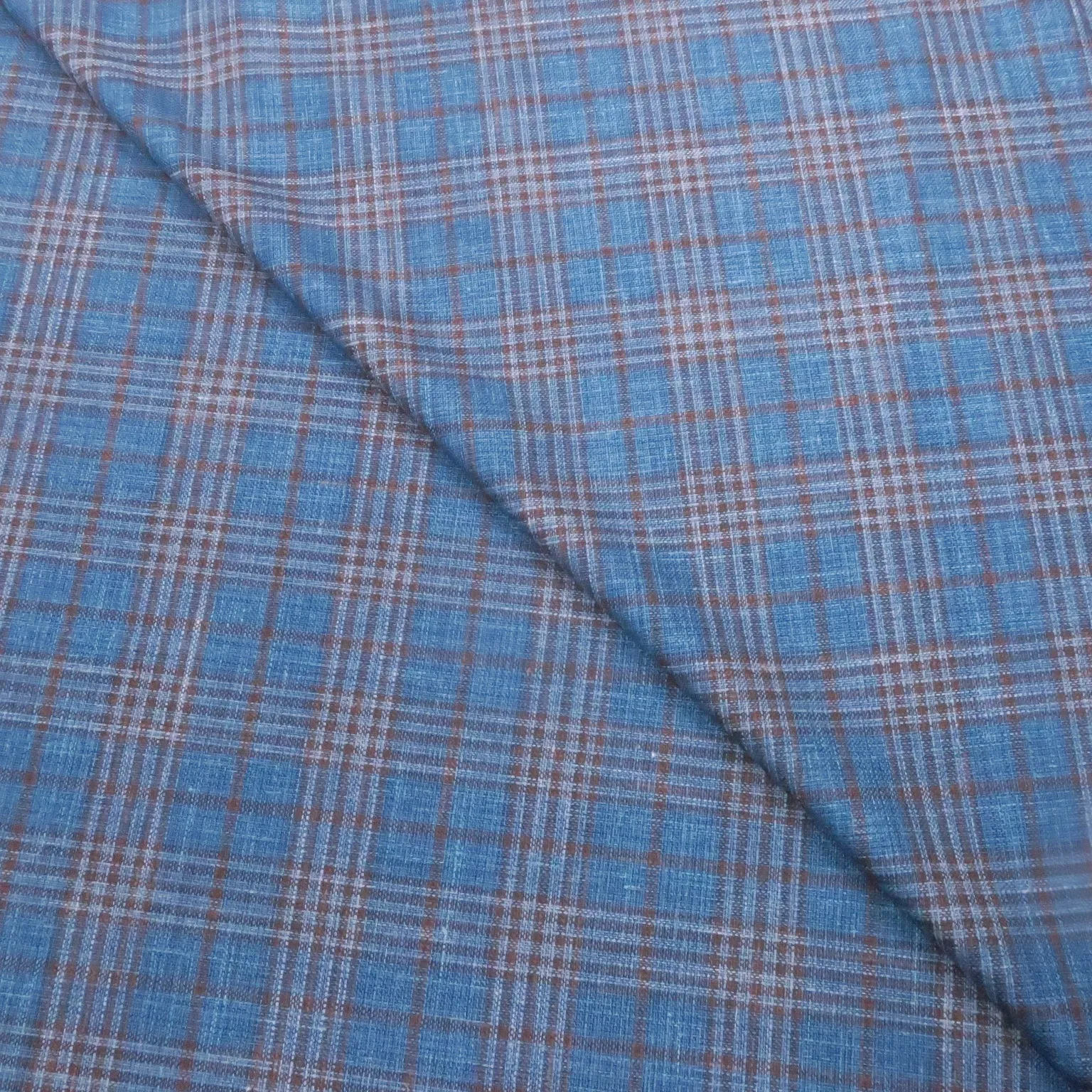 Blue with Brown Windowpane Plaid Summertime Wool Silk and Linen Loro Piana Fabric