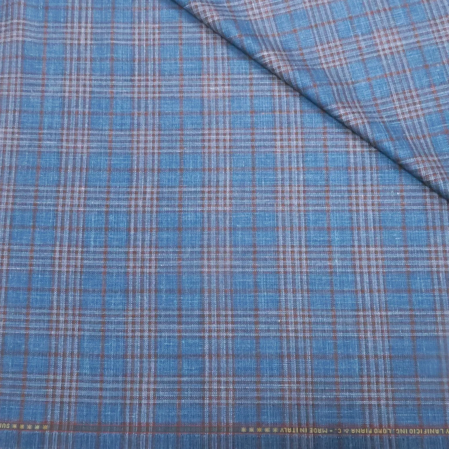Blue with Brown Windowpane Plaid Summertime Wool Silk and Linen Loro Piana Fabric