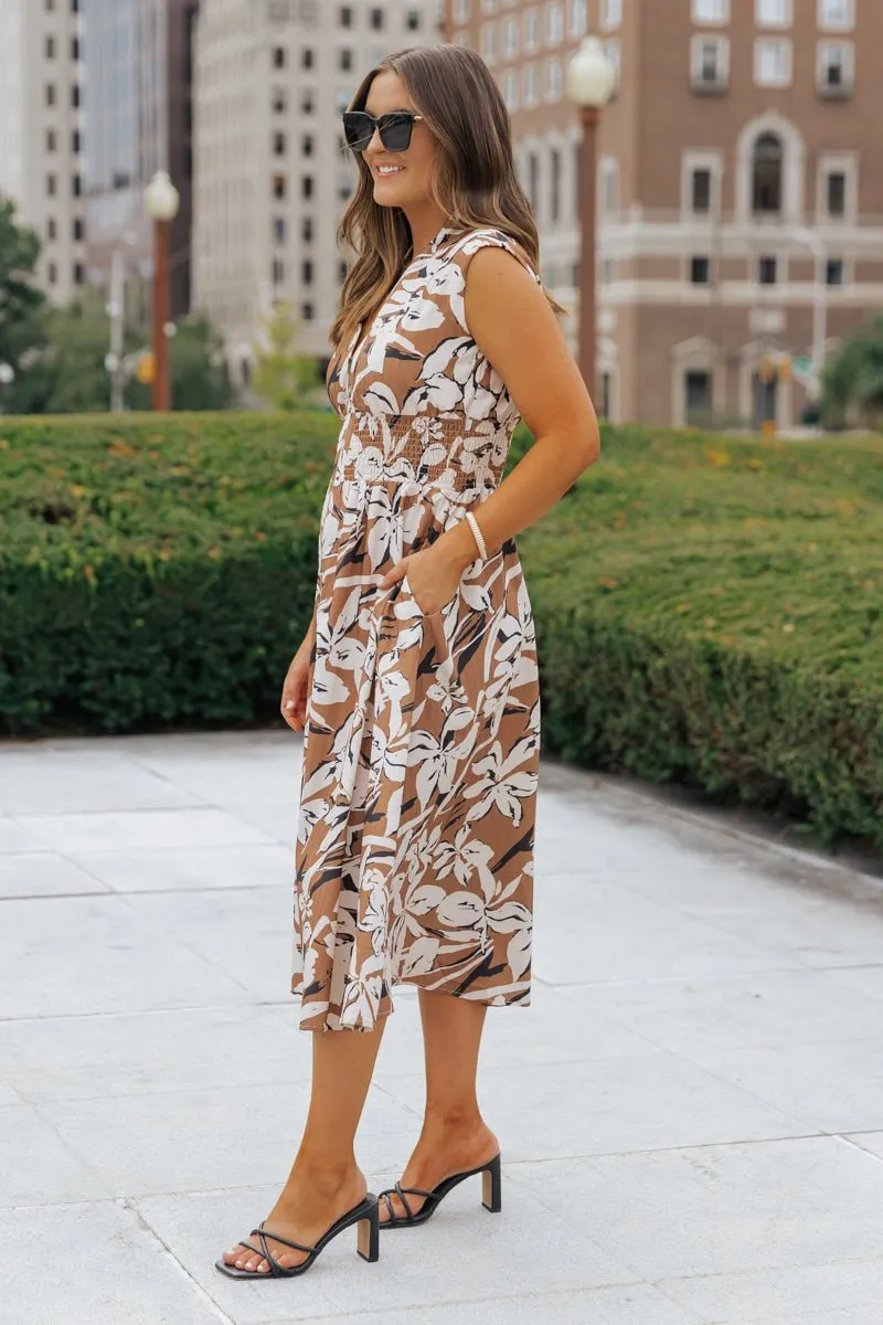 Brown Floral Zip Up Midi Dress