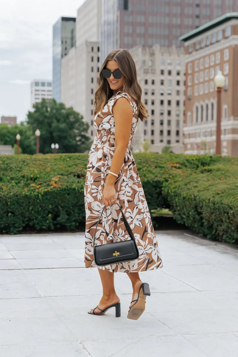 Brown Floral Zip Up Midi Dress