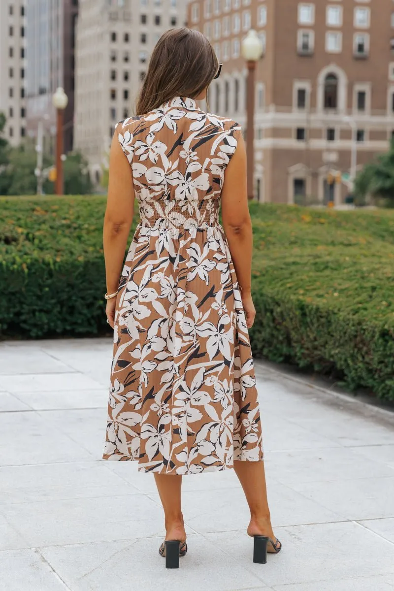 Brown Floral Zip Up Midi Dress