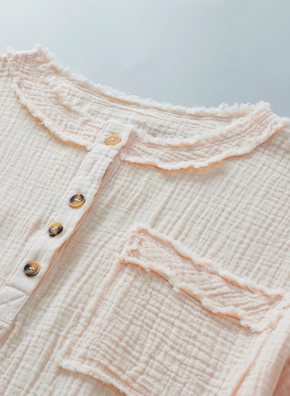 Crinkle Textured Frayed Trim Half Button Short Sleeve Top