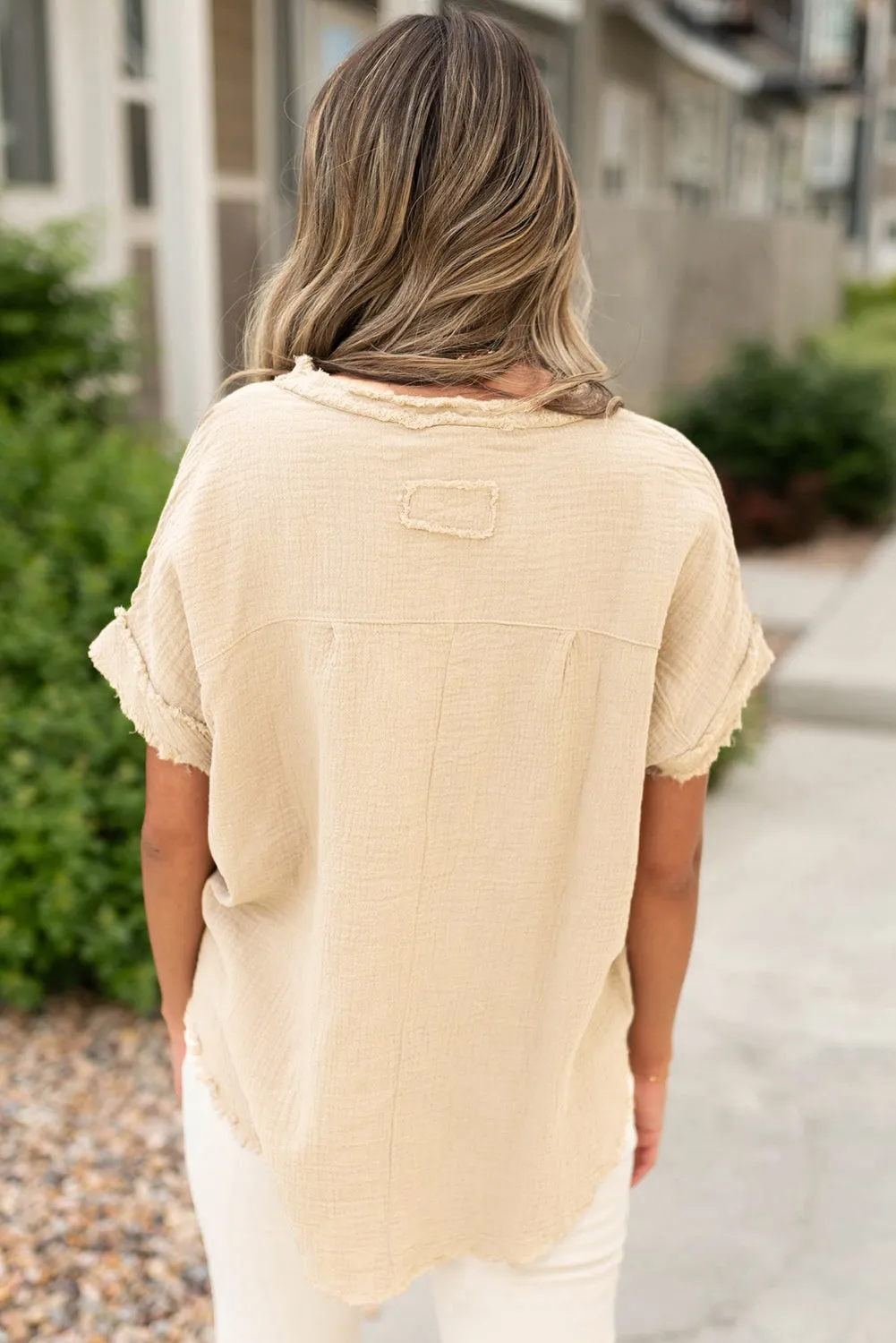 Crinkle Textured Frayed Trim Half Button Short Sleeve Top