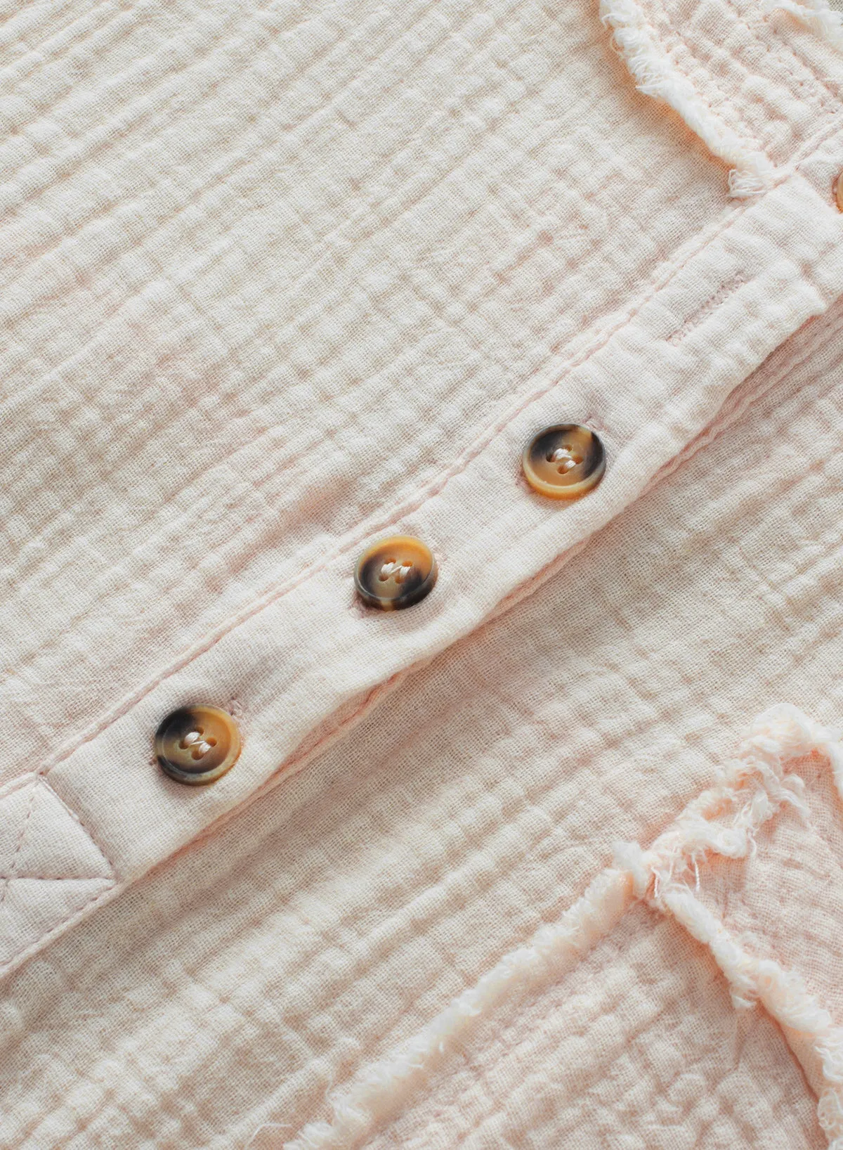 Crinkle Textured Frayed Trim Half Button Short Sleeve Top