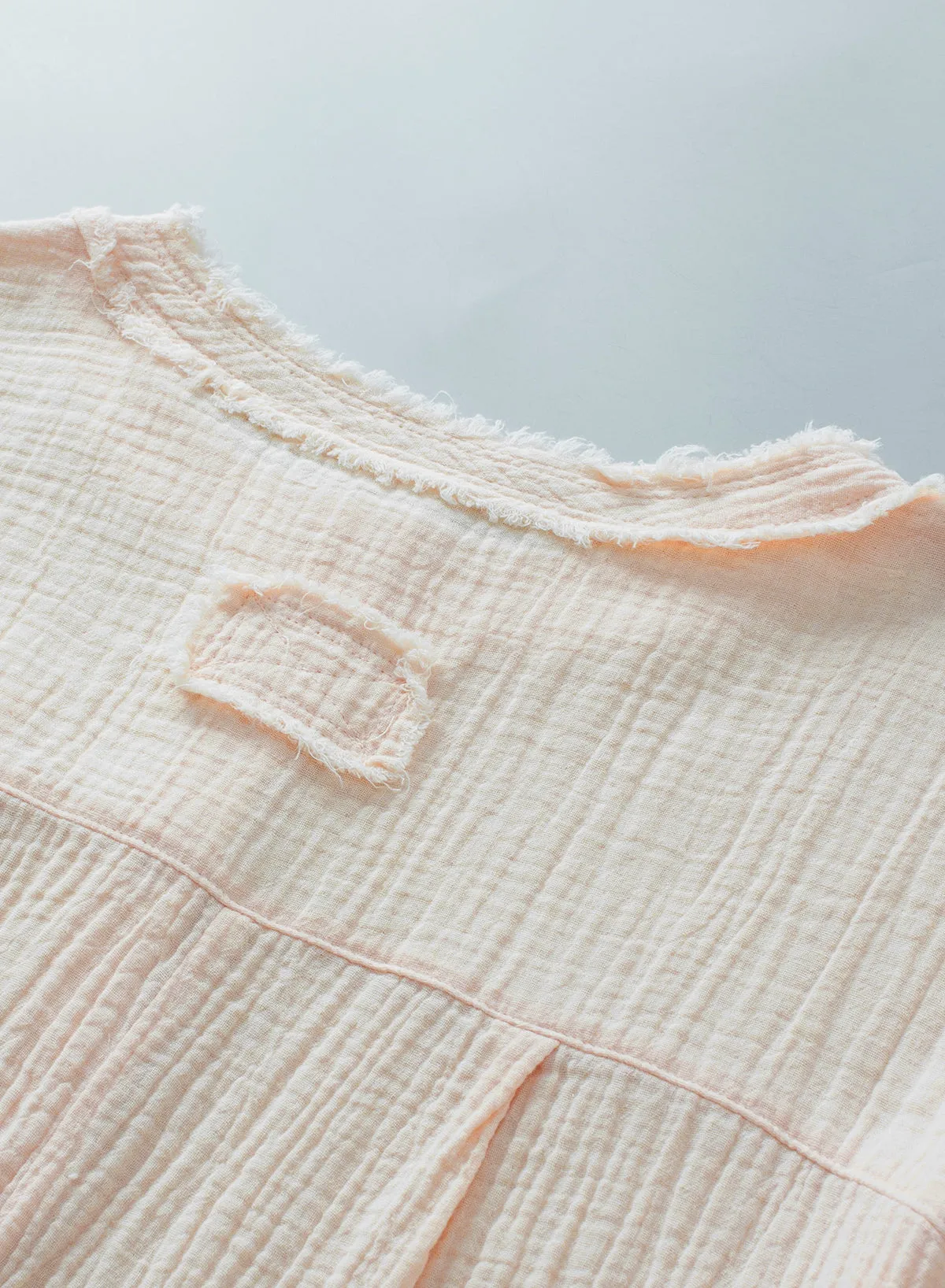 Crinkle Textured Frayed Trim Half Button Short Sleeve Top