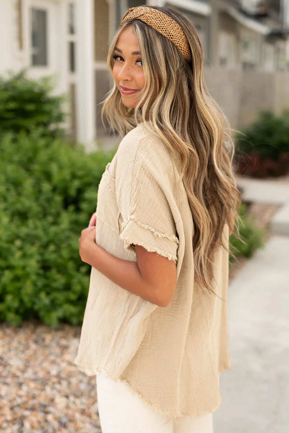 Crinkle Textured Frayed Trim Half Button Short Sleeve Top