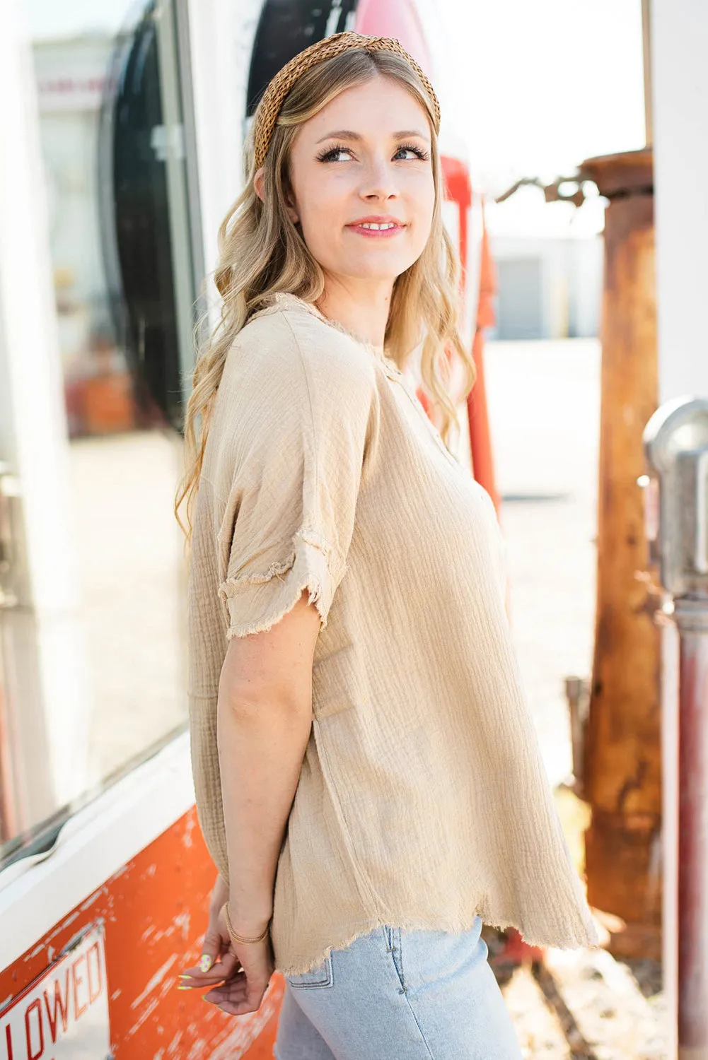 Crinkle Textured Frayed Trim Half Button Short Sleeve Top