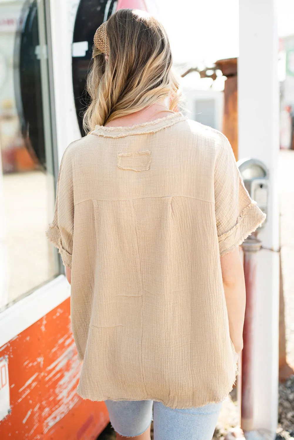 Crinkle Textured Frayed Trim Half Button Short Sleeve Top