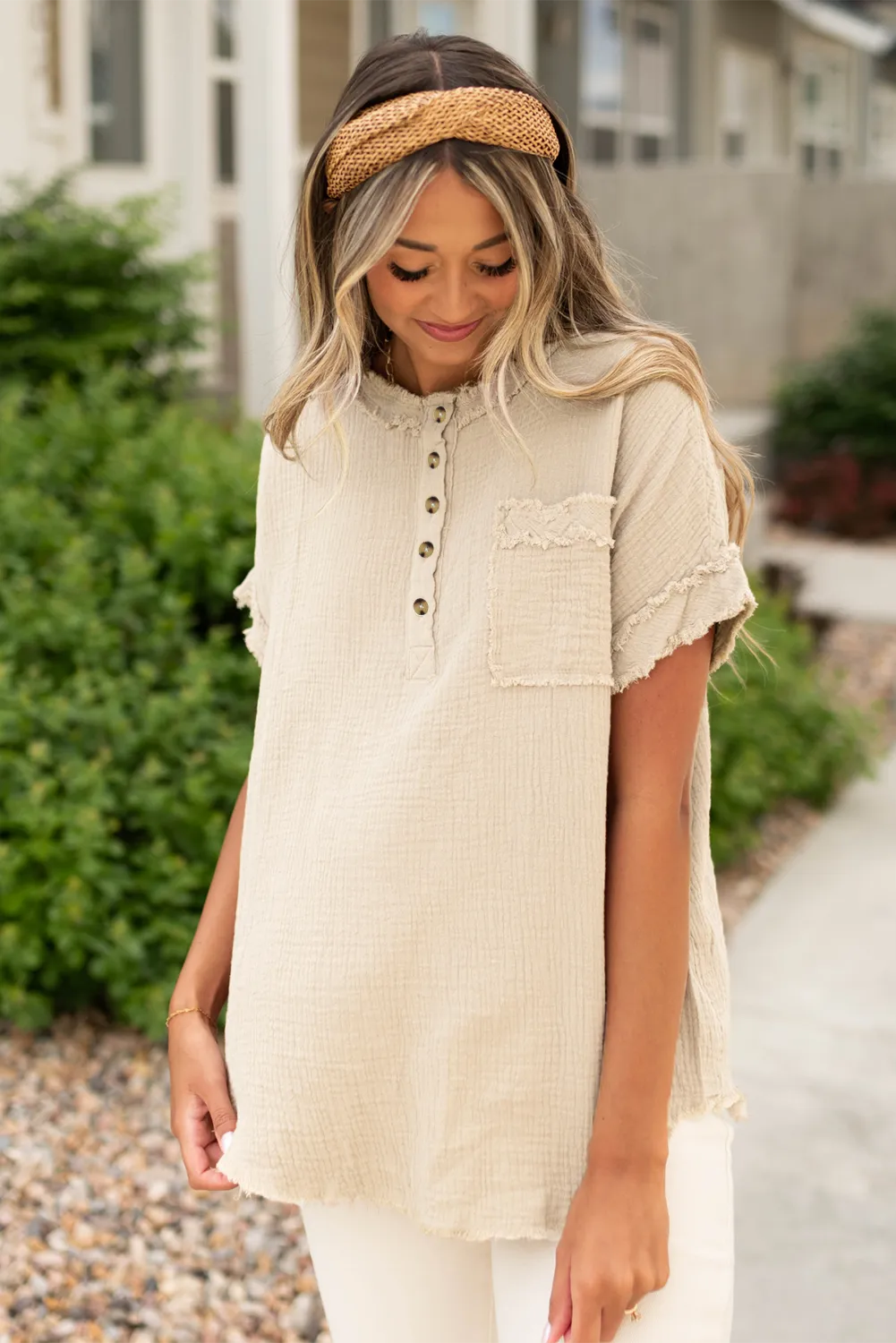 Crinkle Textured Frayed Trim Half Button Short Sleeve Top