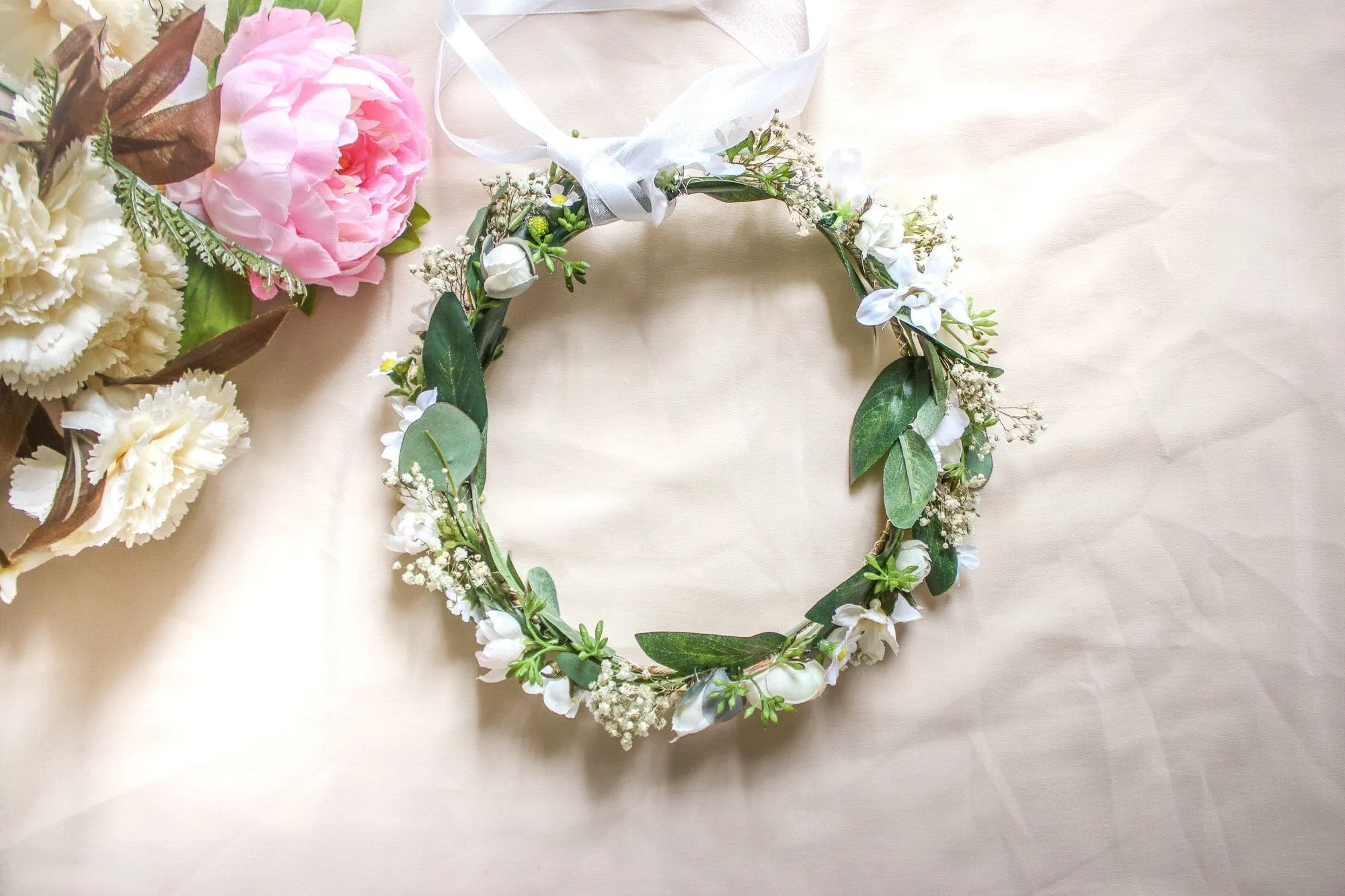 Dried Baby's Breath, Silk Daisy and Eucalyptus Wedding Crown with small white roses