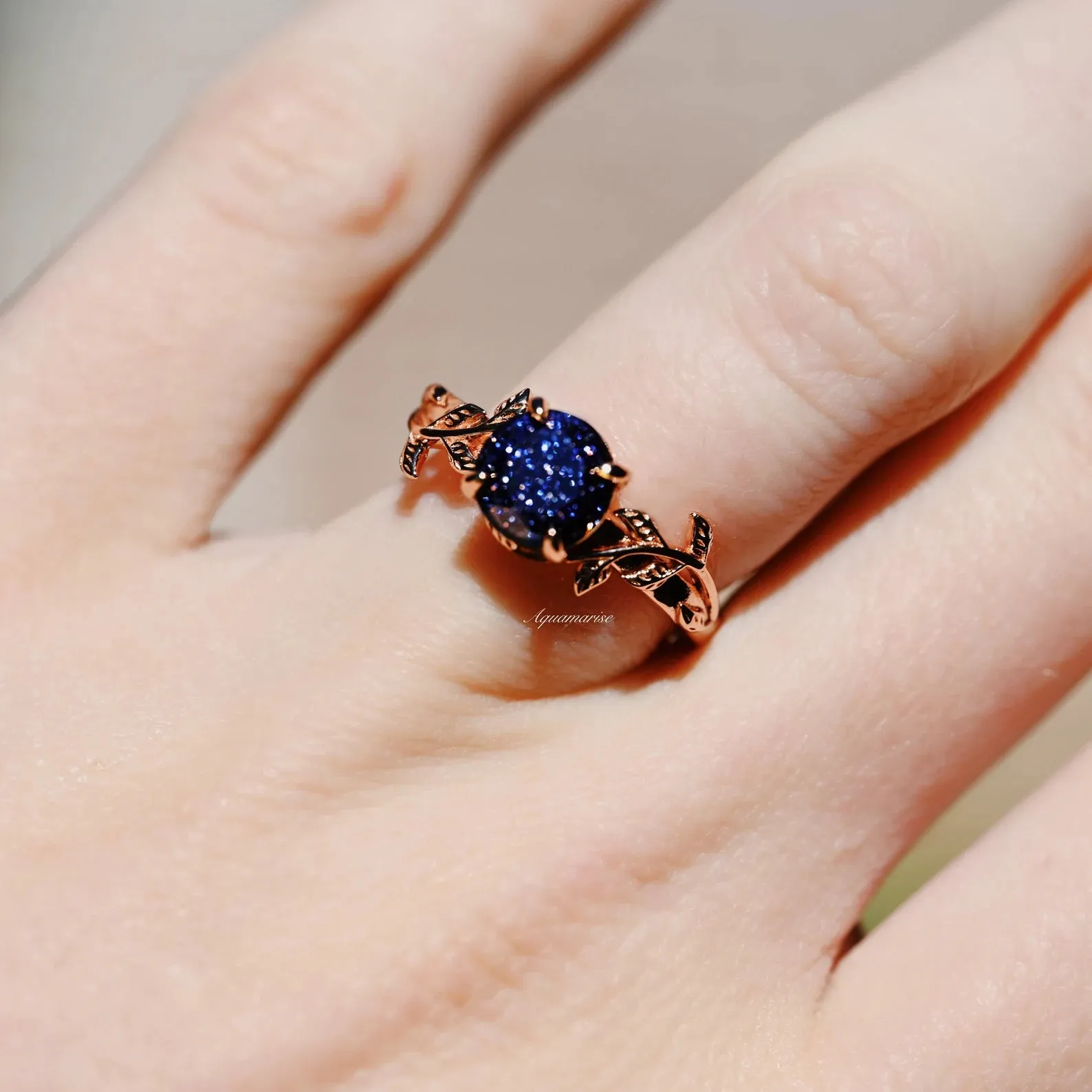 Galaxy Sandstone (Starry Night) Leaf Ring- 14K Rose Gold Vermeil