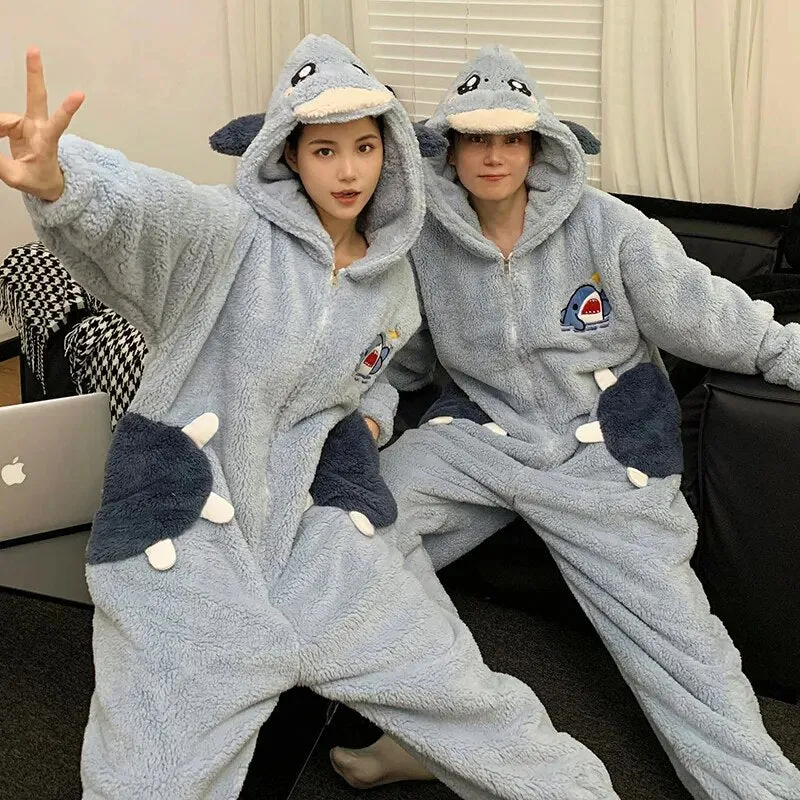 Getadme Kigurumis Shark Sleepwear Women Men Pajamas Onesie Winter Thicken Pyjama Jumpsuit Kawaii Zipper Funny Cute Couples One-piece