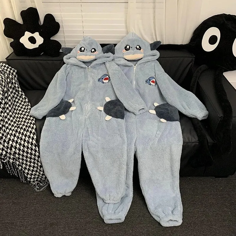 Getadme Kigurumis Shark Sleepwear Women Men Pajamas Onesie Winter Thicken Pyjama Jumpsuit Kawaii Zipper Funny Cute Couples One-piece