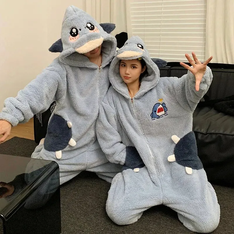 Getadme Kigurumis Shark Sleepwear Women Men Pajamas Onesie Winter Thicken Pyjama Jumpsuit Kawaii Zipper Funny Cute Couples One-piece
