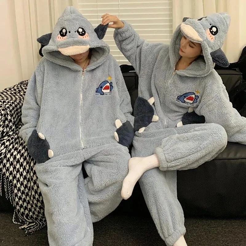 Getadme Kigurumis Shark Sleepwear Women Men Pajamas Onesie Winter Thicken Pyjama Jumpsuit Kawaii Zipper Funny Cute Couples One-piece