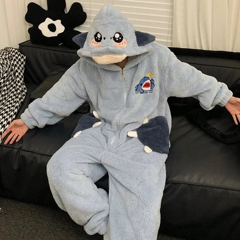 Getadme Kigurumis Shark Sleepwear Women Men Pajamas Onesie Winter Thicken Pyjama Jumpsuit Kawaii Zipper Funny Cute Couples One-piece