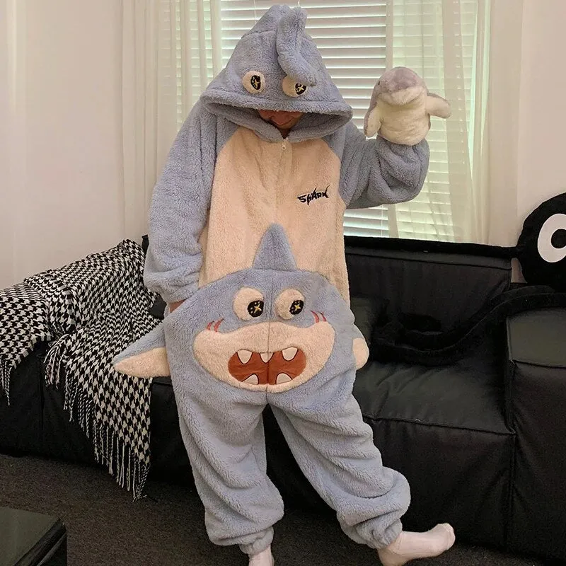 Getadme Kigurumis Shark Sleepwear Women Men Pajamas Onesie Winter Thicken Pyjama Jumpsuit Kawaii Zipper Funny Cute Couples One-piece