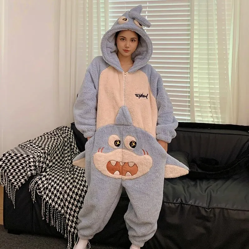 Getadme Kigurumis Shark Sleepwear Women Men Pajamas Onesie Winter Thicken Pyjama Jumpsuit Kawaii Zipper Funny Cute Couples One-piece
