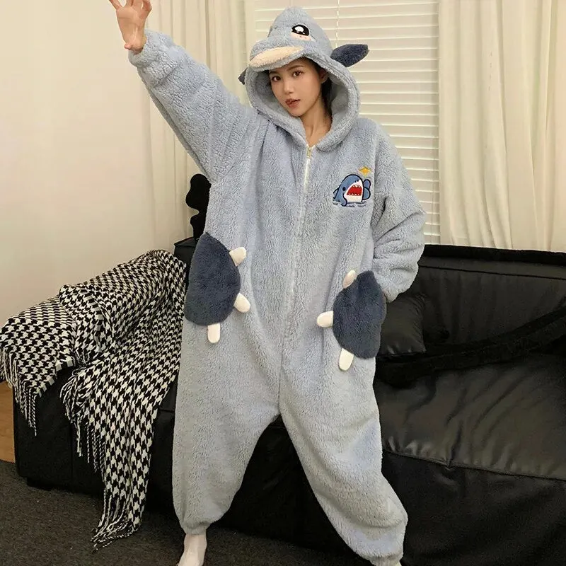 Getadme Kigurumis Shark Sleepwear Women Men Pajamas Onesie Winter Thicken Pyjama Jumpsuit Kawaii Zipper Funny Cute Couples One-piece