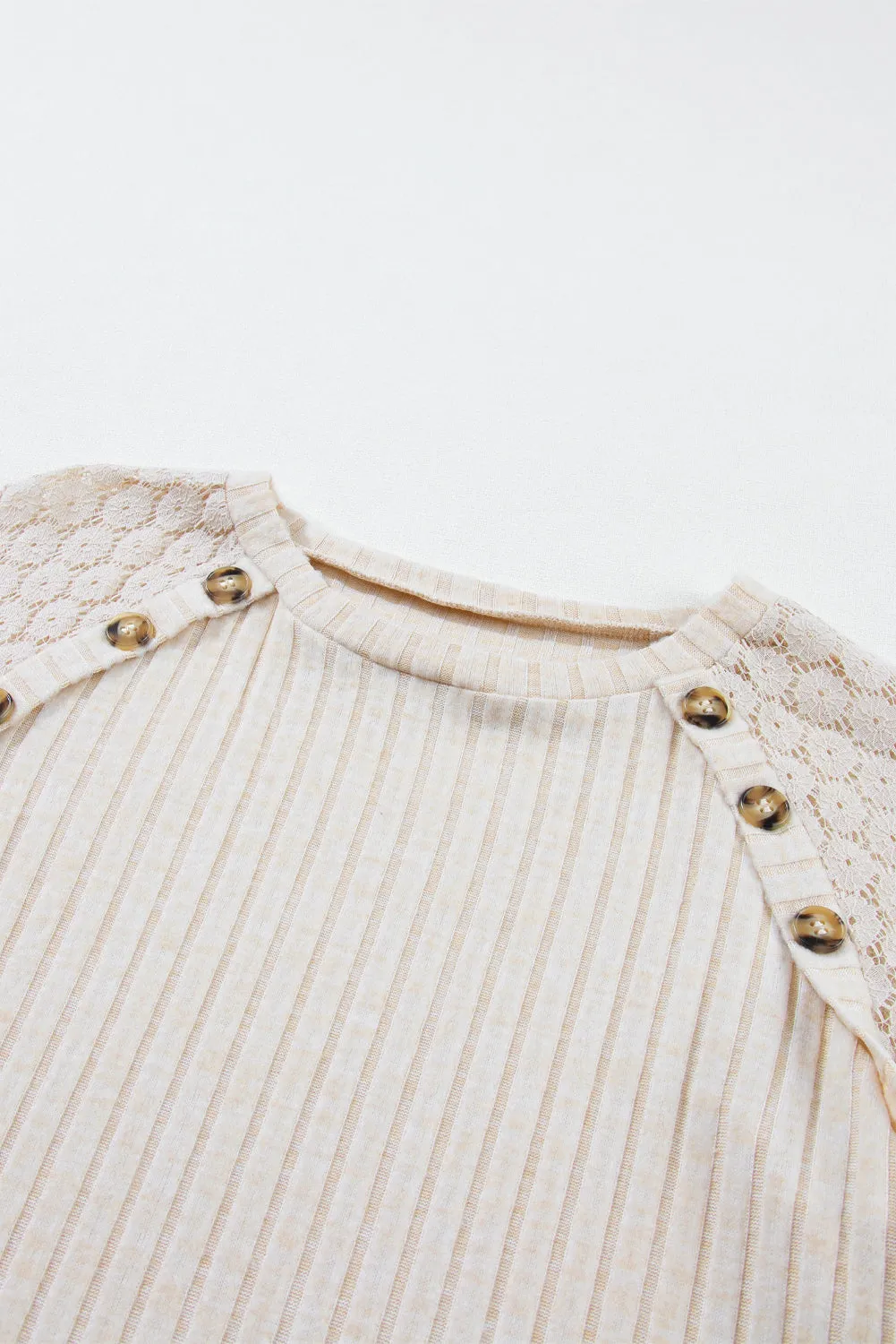 Gray Contrast Lace Raglan Sleeve Buttoned Ribbed Top