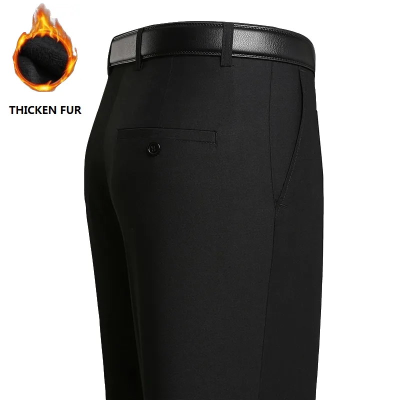 Men's Business Slim Fit Flat Front Thicken Pant With Fur