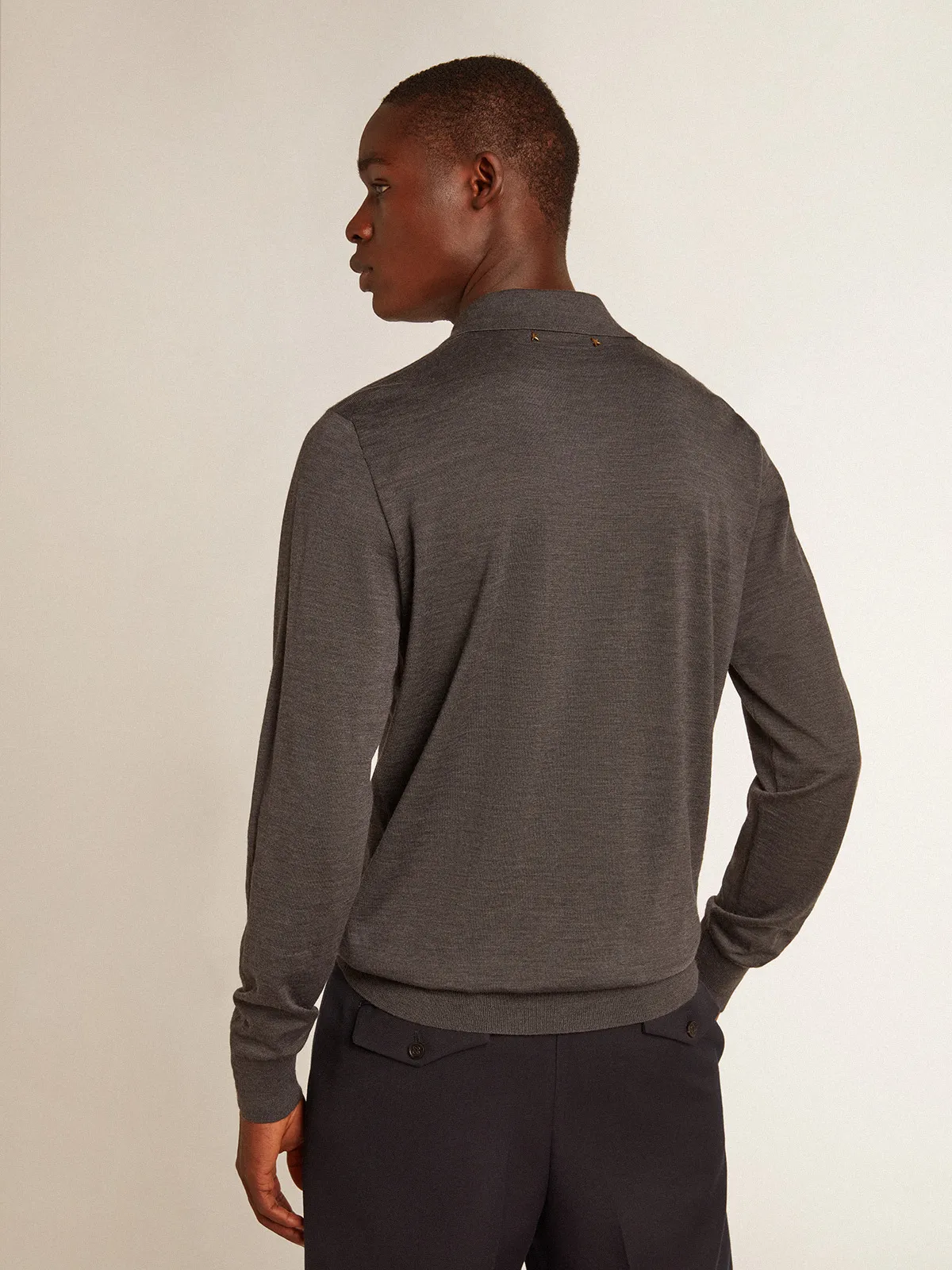Men’s long-sleeved polo shirt in gray merino wool