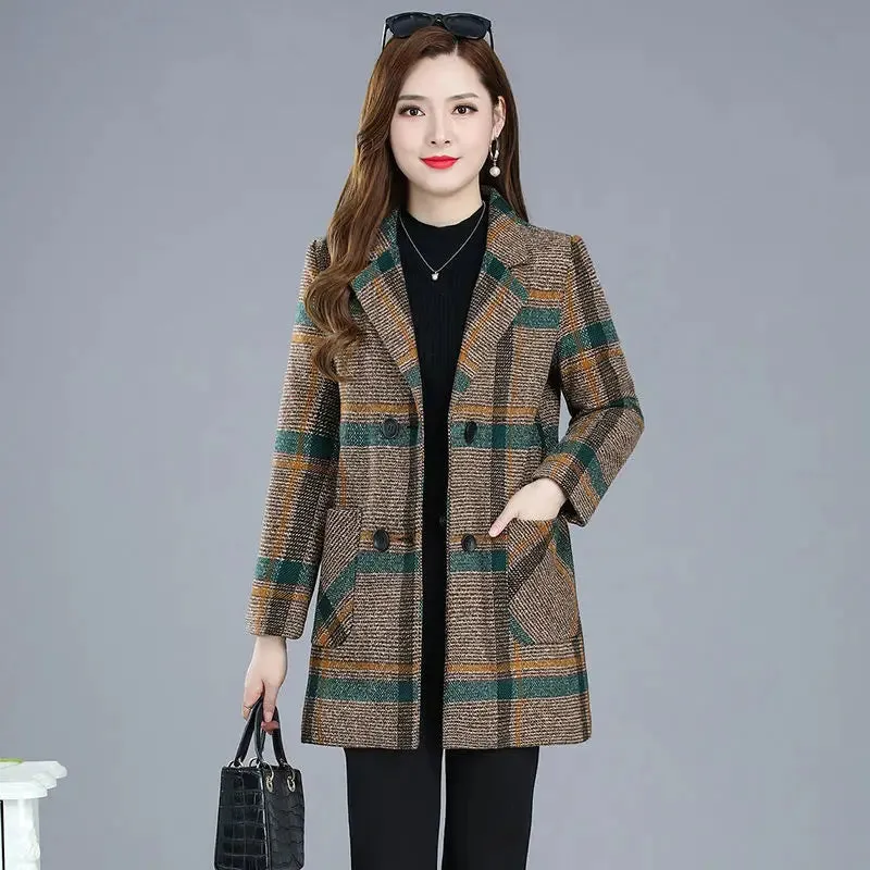 Mother's Clothing Plaid Woolen Jacket – 5XL Autumn/Winter Thicken Slim Mid-Length Coat, Korean Style Casual Women's Wool Outerwear