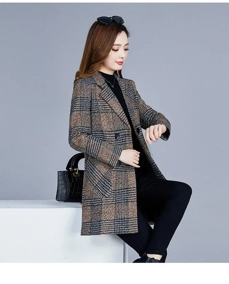 Mother's Clothing Plaid Woolen Jacket – 5XL Autumn/Winter Thicken Slim Mid-Length Coat, Korean Style Casual Women's Wool Outerwear