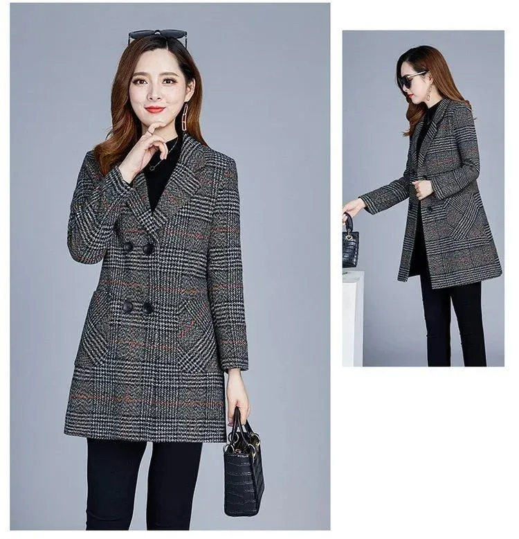 Mother's Clothing Plaid Woolen Jacket – 5XL Autumn/Winter Thicken Slim Mid-Length Coat, Korean Style Casual Women's Wool Outerwear