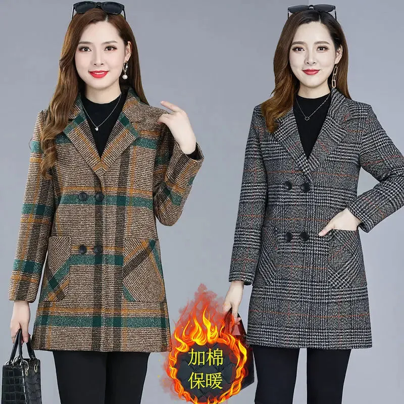 Mother's Clothing Plaid Woolen Jacket – 5XL Autumn/Winter Thicken Slim Mid-Length Coat, Korean Style Casual Women's Wool Outerwear