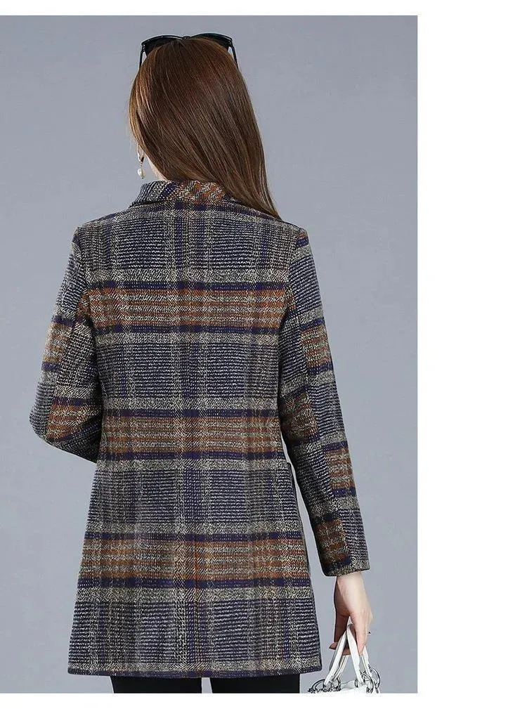 Mother's Clothing Plaid Woolen Jacket – 5XL Autumn/Winter Thicken Slim Mid-Length Coat, Korean Style Casual Women's Wool Outerwear