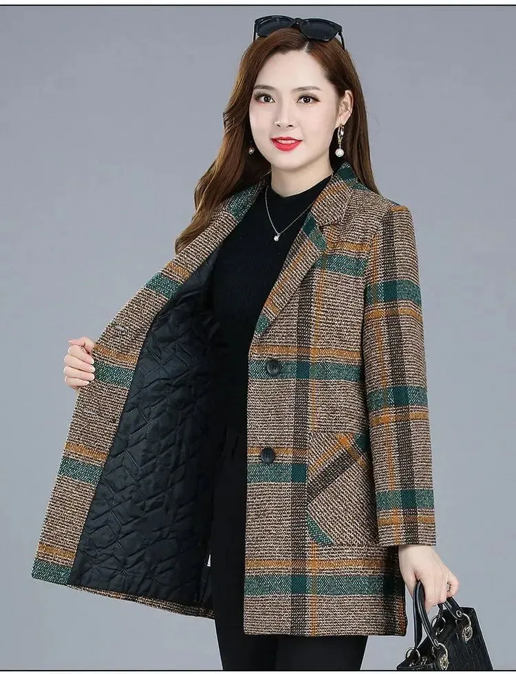 Mother's Clothing Plaid Woolen Jacket – 5XL Autumn/Winter Thicken Slim Mid-Length Coat, Korean Style Casual Women's Wool Outerwear