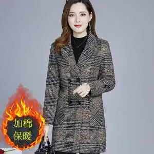 Mother's Clothing Plaid Woolen Jacket – 5XL Autumn/Winter Thicken Slim Mid-Length Coat, Korean Style Casual Women's Wool Outerwear