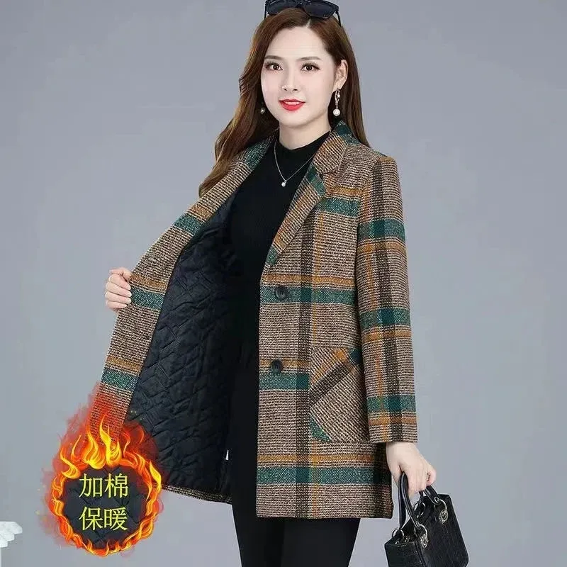 Mother's Clothing Plaid Woolen Jacket – 5XL Autumn/Winter Thicken Slim Mid-Length Coat, Korean Style Casual Women's Wool Outerwear