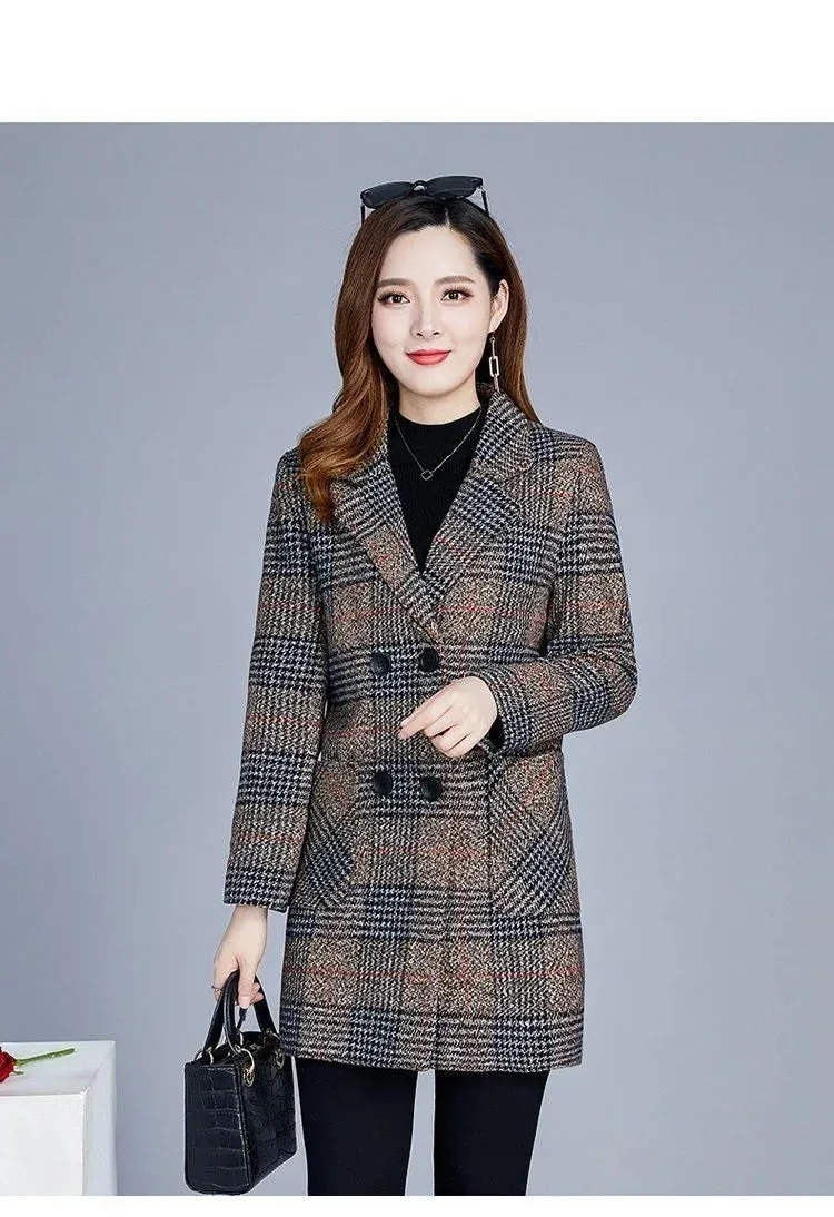 Mother's Clothing Plaid Woolen Jacket – 5XL Autumn/Winter Thicken Slim Mid-Length Coat, Korean Style Casual Women's Wool Outerwear