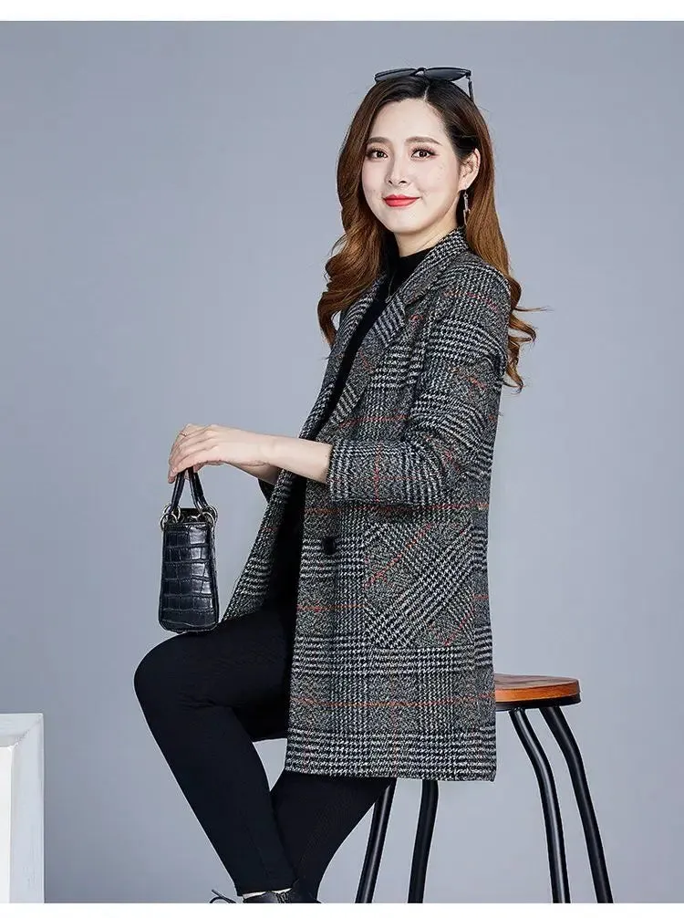 Mother's Clothing Plaid Woolen Jacket – 5XL Autumn/Winter Thicken Slim Mid-Length Coat, Korean Style Casual Women's Wool Outerwear