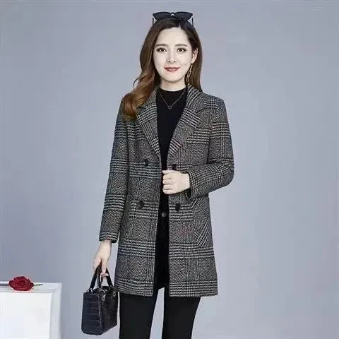 Mother's Clothing Plaid Woolen Jacket – 5XL Autumn/Winter Thicken Slim Mid-Length Coat, Korean Style Casual Women's Wool Outerwear
