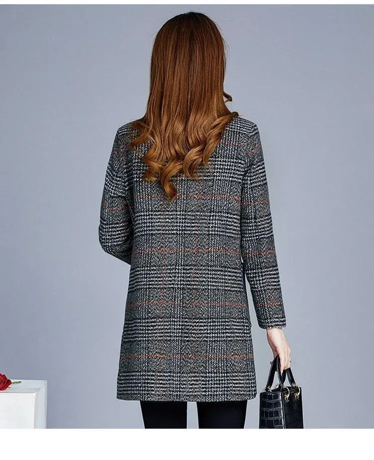 Mother's Clothing Plaid Woolen Jacket – 5XL Autumn/Winter Thicken Slim Mid-Length Coat, Korean Style Casual Women's Wool Outerwear