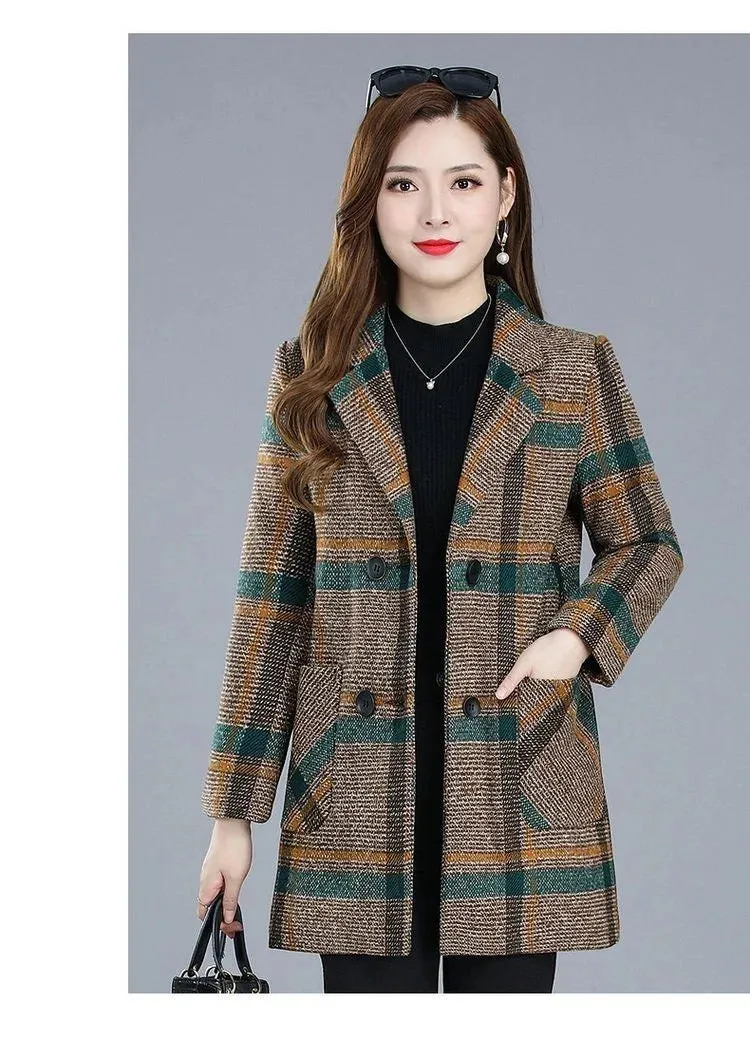 Mother's Clothing Plaid Woolen Jacket – 5XL Autumn/Winter Thicken Slim Mid-Length Coat, Korean Style Casual Women's Wool Outerwear