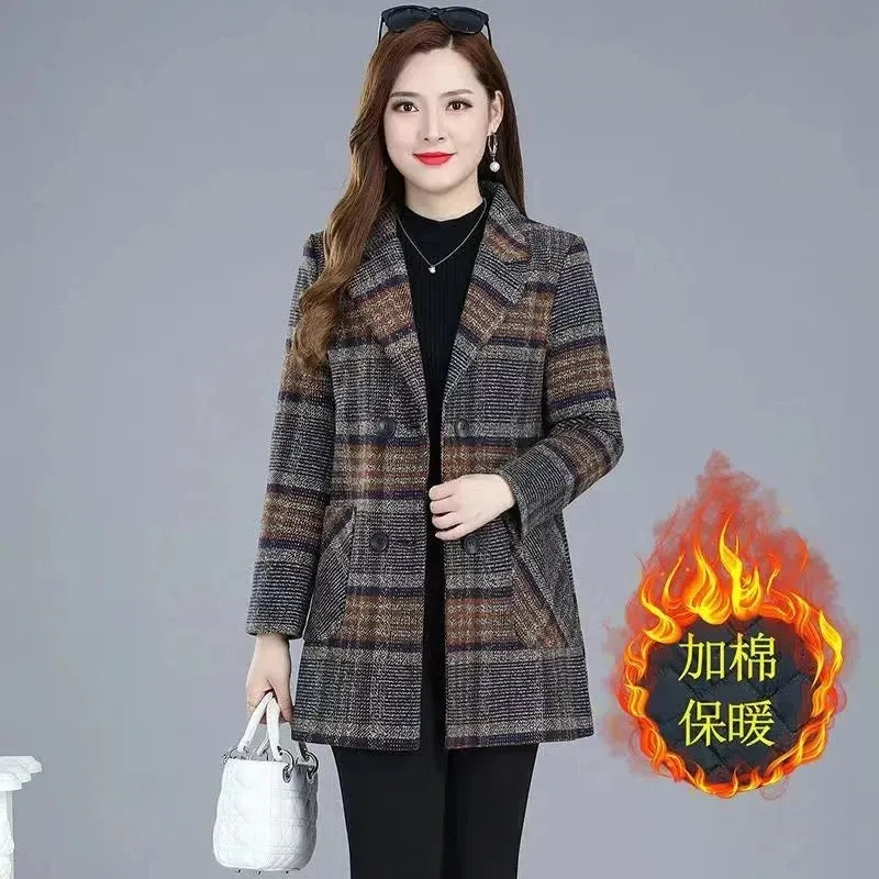 Mother's Clothing Plaid Woolen Jacket – 5XL Autumn/Winter Thicken Slim Mid-Length Coat, Korean Style Casual Women's Wool Outerwear