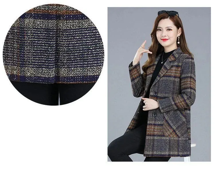 Mother's Clothing Plaid Woolen Jacket – 5XL Autumn/Winter Thicken Slim Mid-Length Coat, Korean Style Casual Women's Wool Outerwear