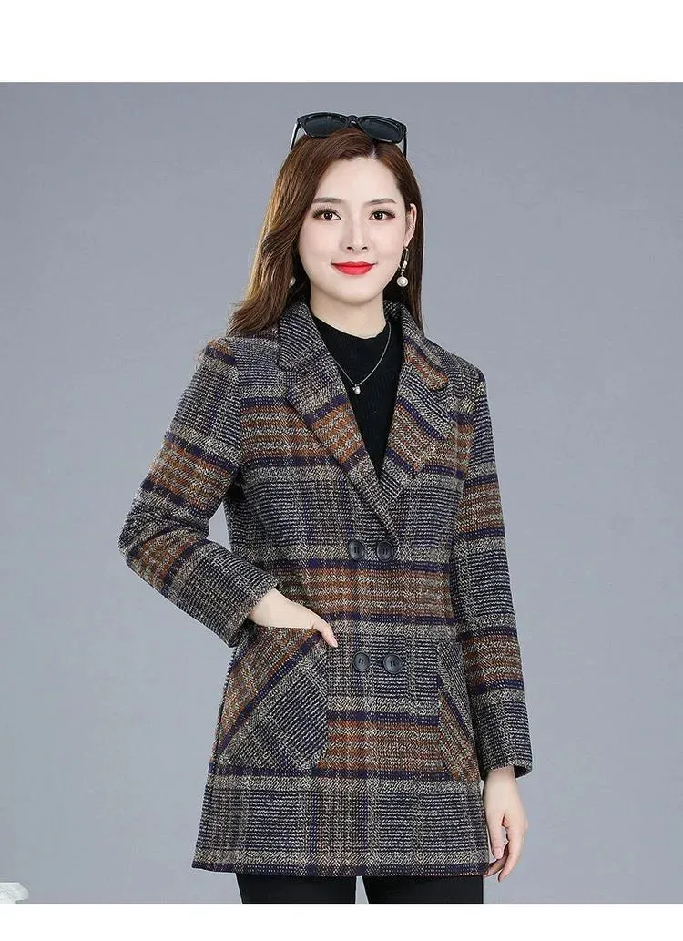 Mother's Clothing Plaid Woolen Jacket – 5XL Autumn/Winter Thicken Slim Mid-Length Coat, Korean Style Casual Women's Wool Outerwear