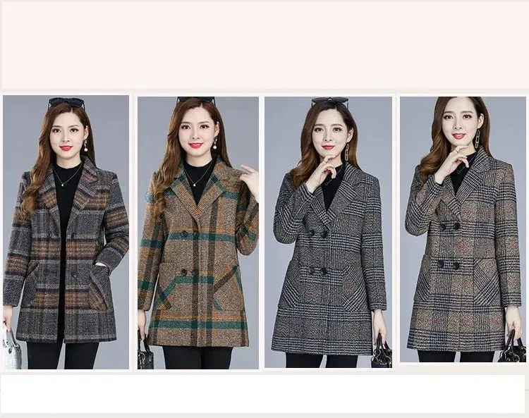 Mother's Clothing Plaid Woolen Jacket – 5XL Autumn/Winter Thicken Slim Mid-Length Coat, Korean Style Casual Women's Wool Outerwear